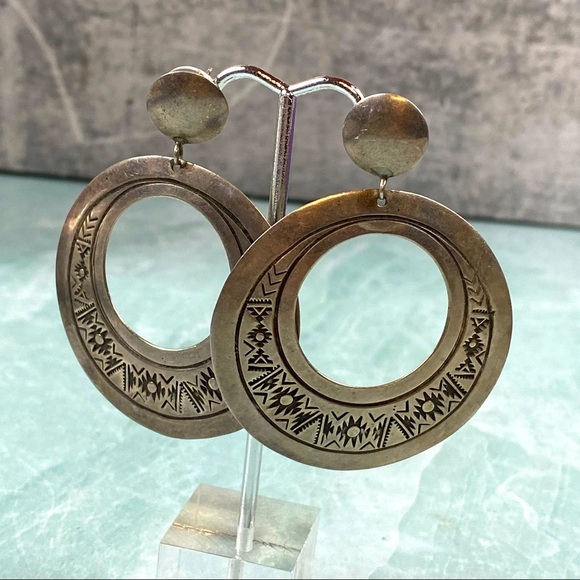 TROY LAMER Navajo Signed Sterling Silver door knocker pierced earrings stamped